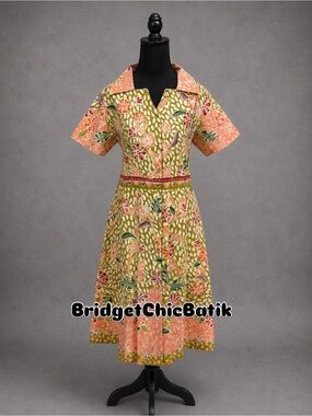 Green & Peach Floral Batik Dress